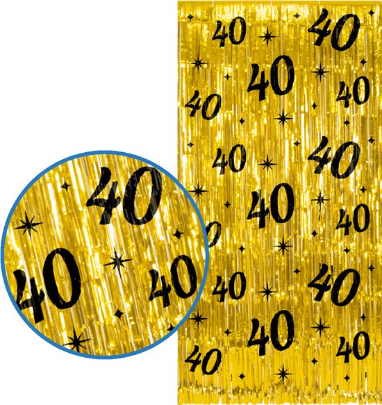 Goudkleurig foliefeestgordijn van 200 x 100 cm, met zwarte cijfers '40' en sterretjes.