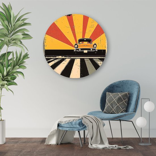 Retro auto met stralende zon - Auto wandcirkel - Rond wandpaneel voertuig - Pop Art - Dibond muurcirkel op maat - Retro schilderij - muurcirkel aluminium 60x60 cm
