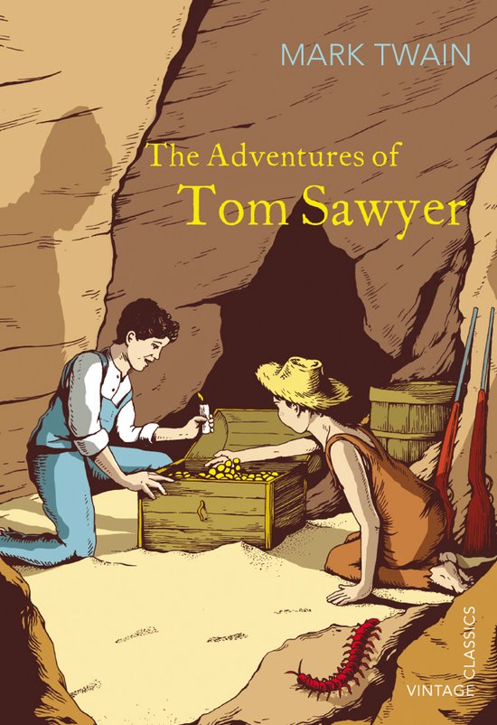 Omslag van 'The Adventures of Tom Sawyer' door Mark Twain. Twee jongens verkennen een grot, openen een schatkist vol goud. VINTAGE CLASSICS.