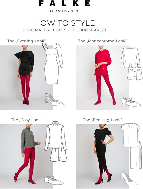 Vier looks met rode panty's: 'Evening-Look', 'Monochrome-Look', 'Cosy-Look' en 'Red-Leg-Look'.