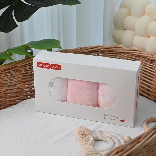 Neuytiky Set van 3 hoeslakens, universeel hoeslaken voor kinderwagen, 100% mousseline-katoen, reisbed, hoeslaken, bijzetbed, linnen, cadeau voor de geboorte