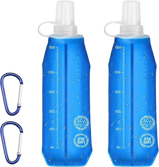 SANDA Opvouwbare waterfles - blauw VK merk BPA-vrij siliconen reizen essentieel 500ml - opvouwbaar, lekvrij voor sportschool, wandelen, kamperen, fietsen, yoga - kinderaccessoires