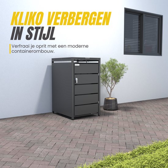 Zwarte containeropslagkast met vijf horizontale deuren, open klapdeksel, naast een witte muur en een boom.