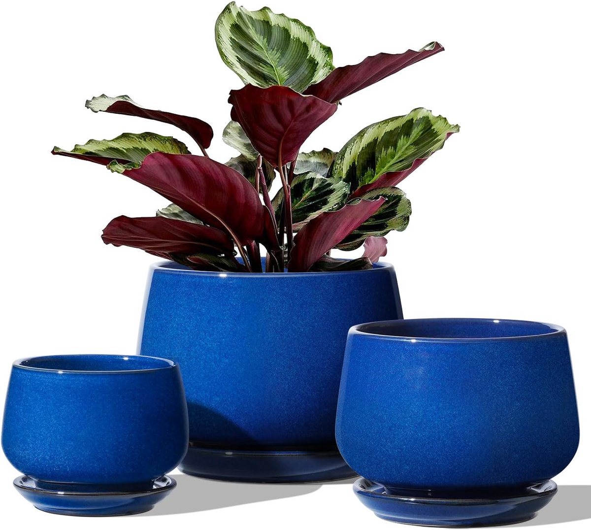 Keramische Plantenpotten set - Bloempotten met Afvoergat - 3 Stuks - Saffier Blauw