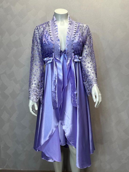 Luxe Satijnen Kimono Set met Glitter Kant – Verleidelijke Lingerie - Lavender