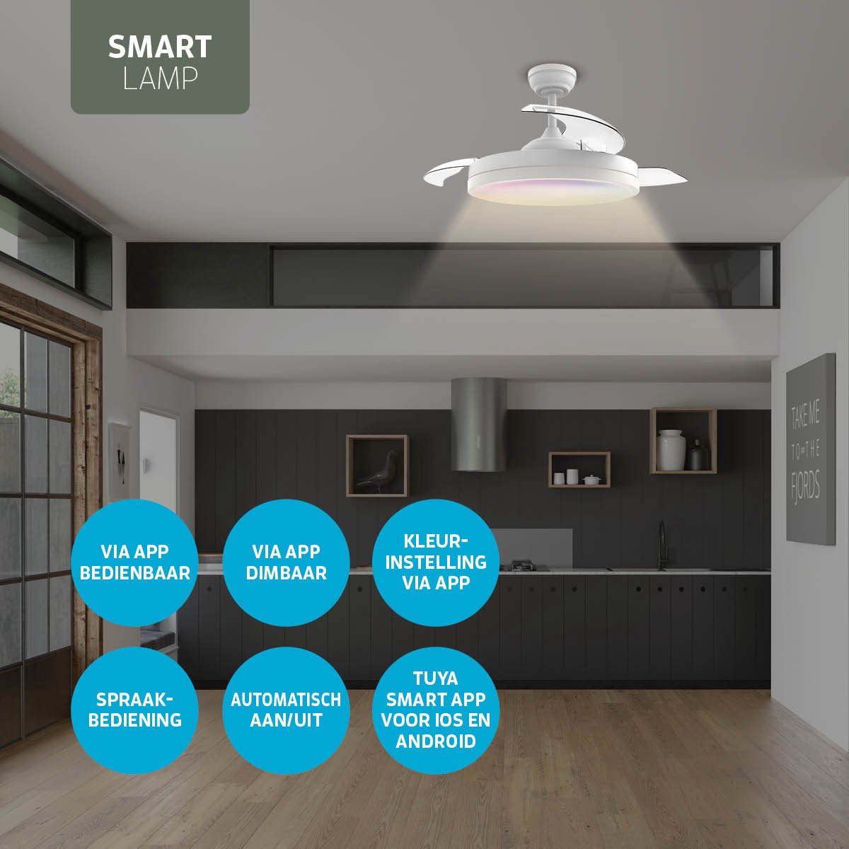 Varin® Smart Plafondventilator met verlichting - Wit - Tuya Wifi - LED 36W RGBW - Ø 50cm/108cm - Super stil - Smart lamp - Plafondlamp slaapkamer - Plafonniere woonkamer - Plafondlampen - Plafond lamp - Verlichting kinderkamer - Ventilator thumbnail 3