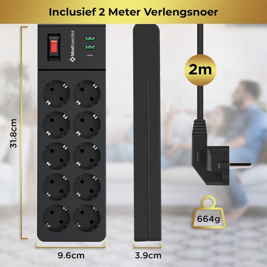 Zwarte stekkerdoos met 10 stopcontacten en 3 USB-poorten. Afmetingen 31.8cm x 9.6cm x 3.9cm. Inclusief 2 meter verlengsnoer met haakse stekker.