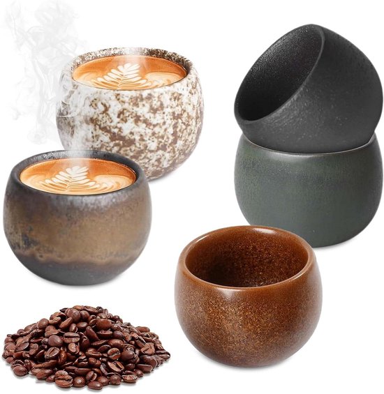POFIBO Espressokopjes, 5-delige set espressokopjes, aardewerk, 100 ml kleine theekopje, espressokopjes, zonder handvat, dikwandig, keramische koffiekopjes, cadeau voor vrouwen, mannen, vriendin