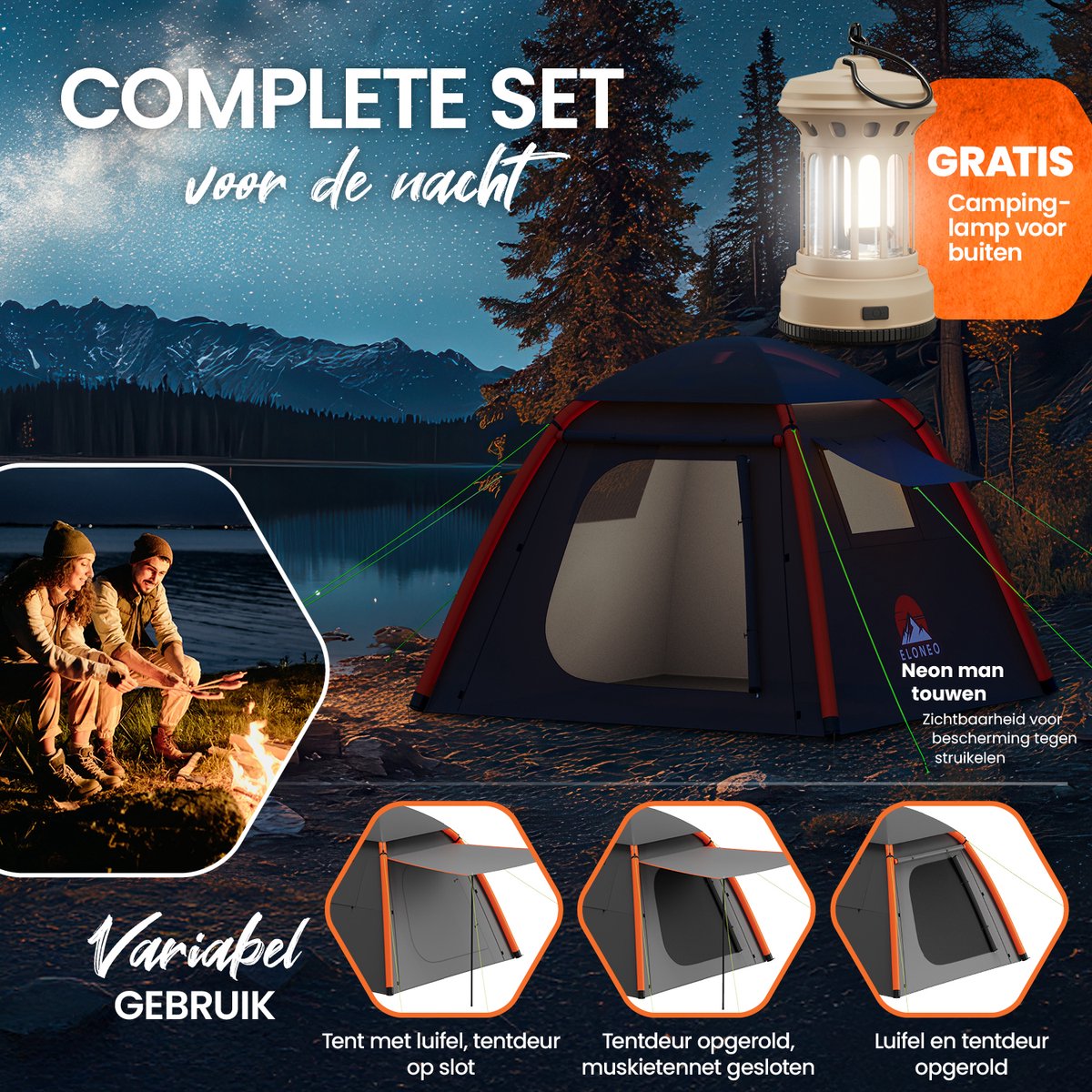 ELONEO Opblaasbare Camping Tent voor 2–4 Personen met Luifel, 250x250x190cm – foto 2