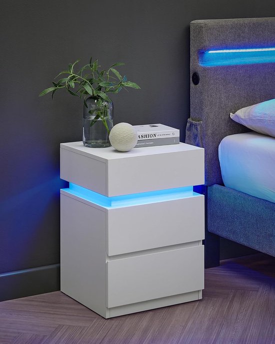 TUKAILAi Wit nachtkastje met LED-verlichting, hoogglans 3 laden en bovenste opslag nachtkastje nachtkastje commode voor slaapkamer woonkamer