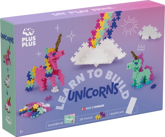 Plus-Plus doos 'Learn to Build Unicorns' met roze en groene eenhoorns, regenboog en wolken.
