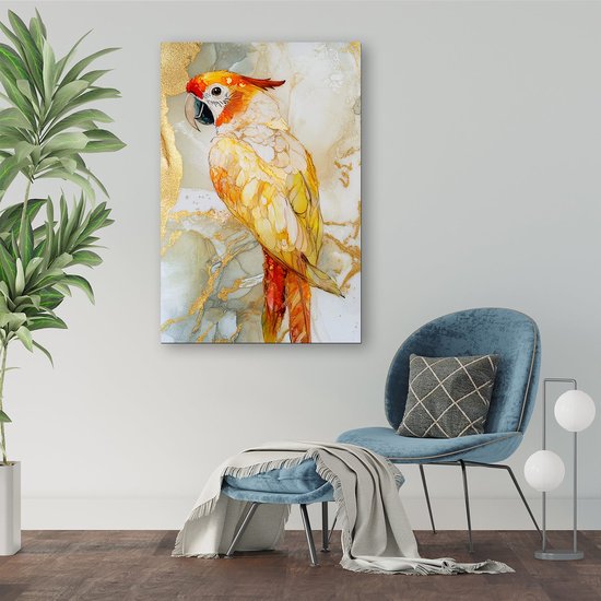 Kleurrijke papegaai met gouden details - Papegaai wanddecoratie - Canvas schilderij dier - Aquarel - Wanddecoratie modern - Woonkamer accessoires - canvas 40x60 cm