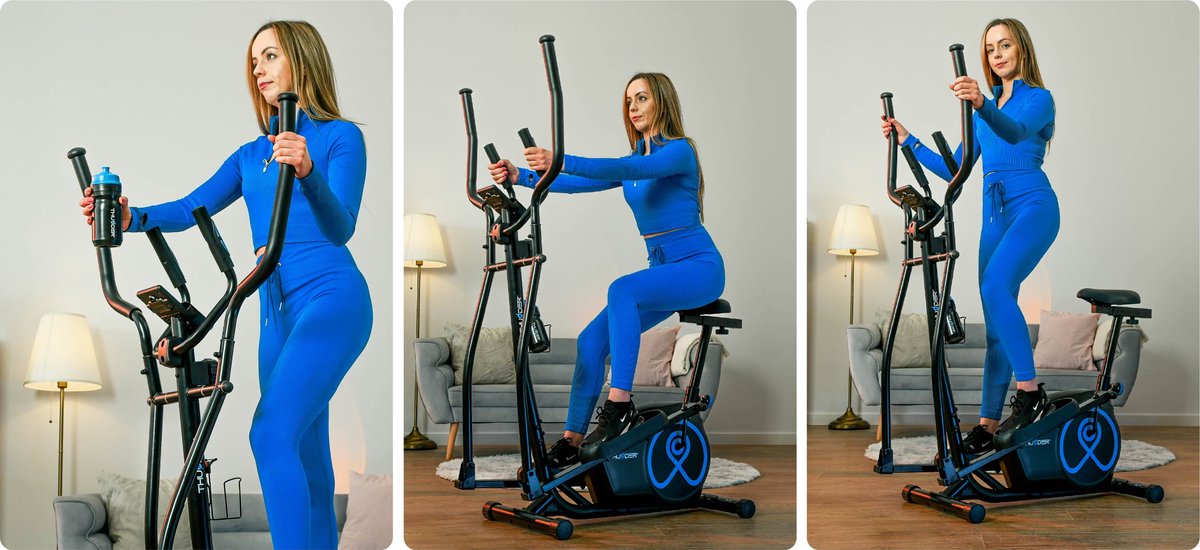 Afbeelding 2 van THUNDER® Crosstrainer | DUAL | Elliptische trainer | Magnetisch | Verstelbaar zadel | Polssensor | Antislippedalen | Flessenhouder + drinkfles | Transportwielen | Hartslagsensoren | Stelvoetjes | Tablethouder | Stille werking | Max. 110 kg |