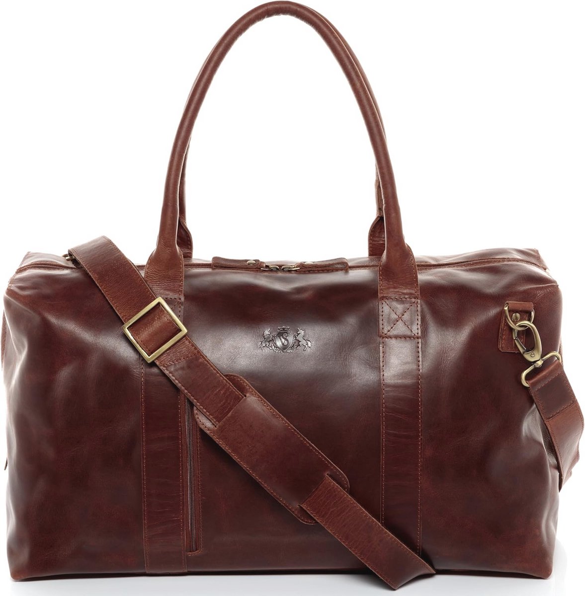 Grote XL leren reistas voor weekendtrips en sport, met schouderriem - Handgemaakt, bruin-cognac, ruime handbagage
