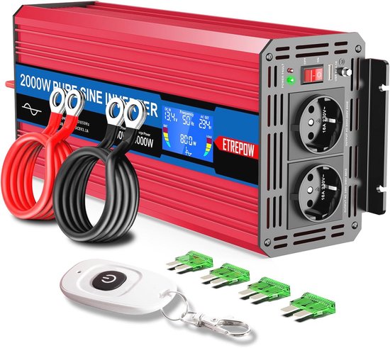 2000W Spanningsomvormer 12V naar 230V - Zuivere Sinus, USB, Draadloze Afstandsbediening, LCD-scherm
