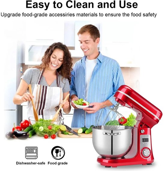 Keukenmixer - Stand Mixer - Deegmixer - Foodprocessor - Elektrische Mixer - 6 Snelheden - 6 Liter RVS Mengkom - Garde - Klopper - Deeghaak - Stil - Krachtig - Met LED-display - BPA-vrij - Antislip - Rood van Royalty Line — afbeelding 3