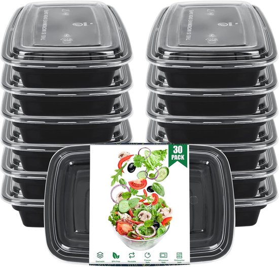 30-Pack Meal Prep Containers - Reusable Food Storage with Lids - 1000ml Lunch Box BPA Free - Freezer Storage Boxes - 1 Compartment Microwave Safe