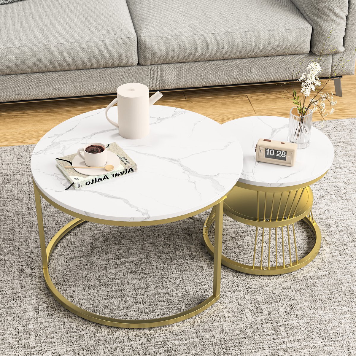 Set van 2 Ronde Salontafels 70/45 cm, Moderne Salontafels, Marmeren Bijzettafel voor Woonkamer, Balkon en Kantoor, Goud en Wit