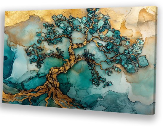 Arbre abstrait en or et turquoise - Tableau arbre sur toile - Peintures toile nature - Art abstrait - Tableaux modernes - Décoration murale chambre - toile 90x60 cm