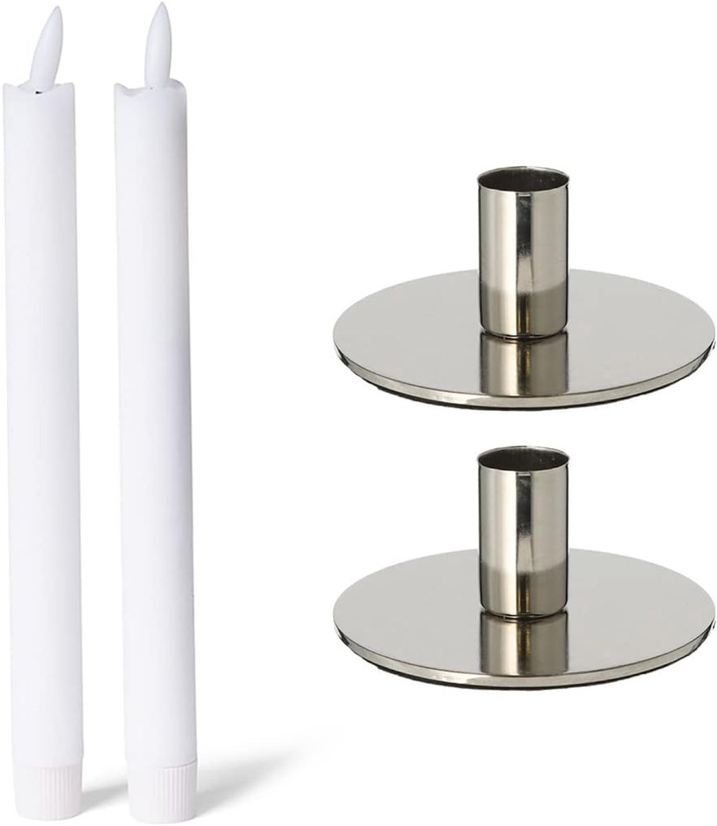 Novaliv Set van 2 kaarsenhouders van metaal zilver 10x5cm met LED-lampjes, echte wax, elektrisch, op batterijen, vlamloos, vintage kaarsenhouder, retro woondecoratie, kersttafeldecoratie, kandelaar