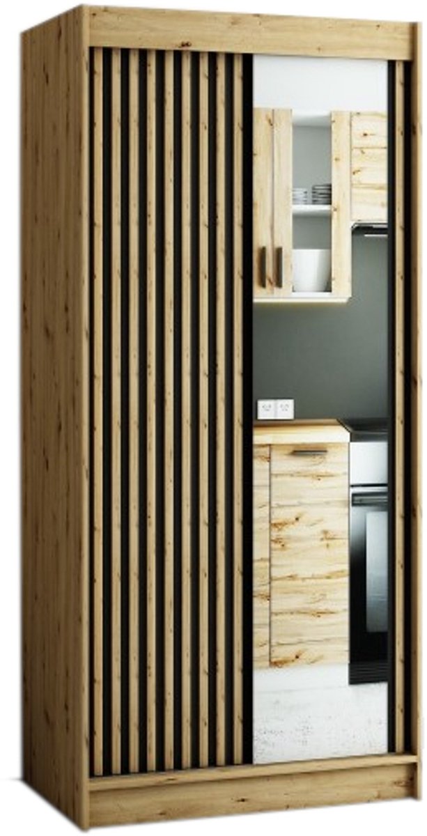 InspireMe - Kledingkast met 2 schuifdeuren, Loft-stijl, Kledingkast met planken (BxHxD): 120x200x62 - MELO II 120 met 2 lades Artisan Eik + Zwart