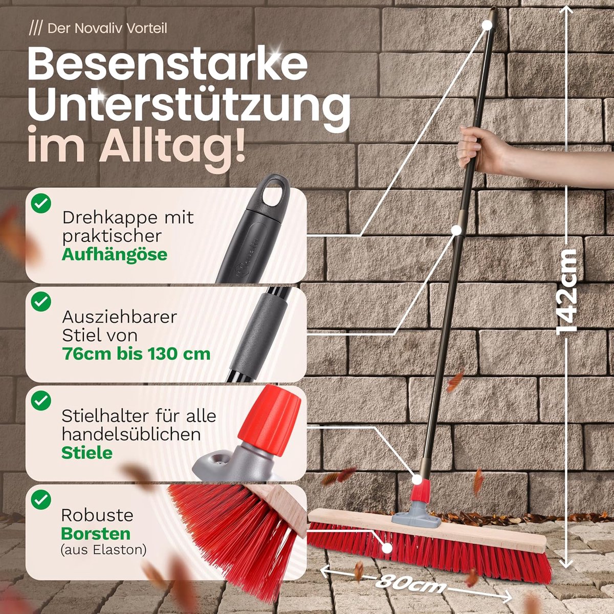 4x Straatbezems 80 cm I met steel I Elaston rood I Telescopische steel I Bezem voor buiten I Industriële bezem Tuinbezem Sneeuwbezem Universele bezem