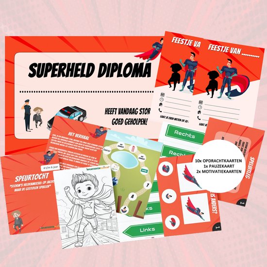 Een compleet kinderfeestjes pakket met o.a. een superhelden diploma, kleurplaat, speurtocht route en spelkaarten.