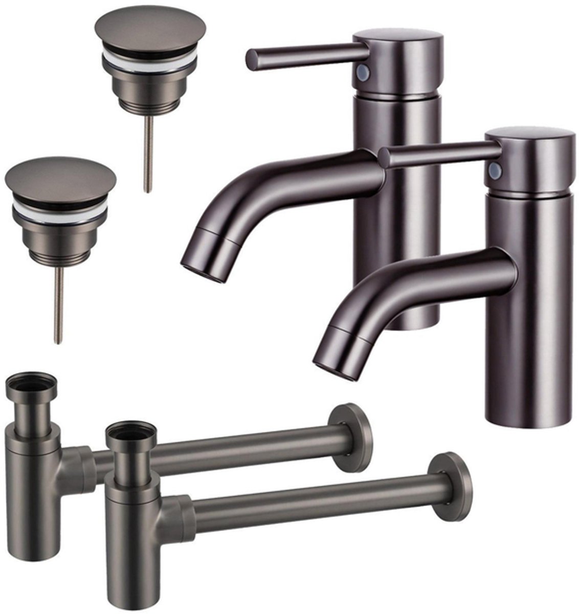 FugaFlow Eccelente Sobrado Badkamer Wastafelkraanset - voor dubbele wastafel - lage wastafelkraan - always open plug - design sifon - PVD Gepolijst Gunmetal