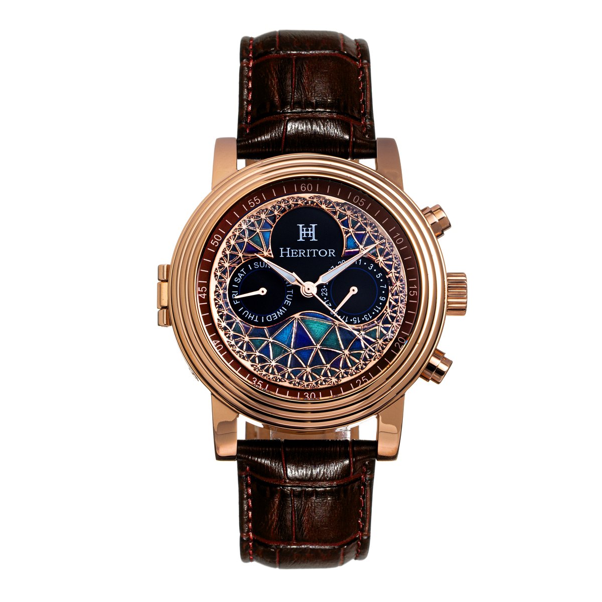 Heritor Automatic Legacy horloge met leren band en dag--datumfunctie - roségoud-bruin