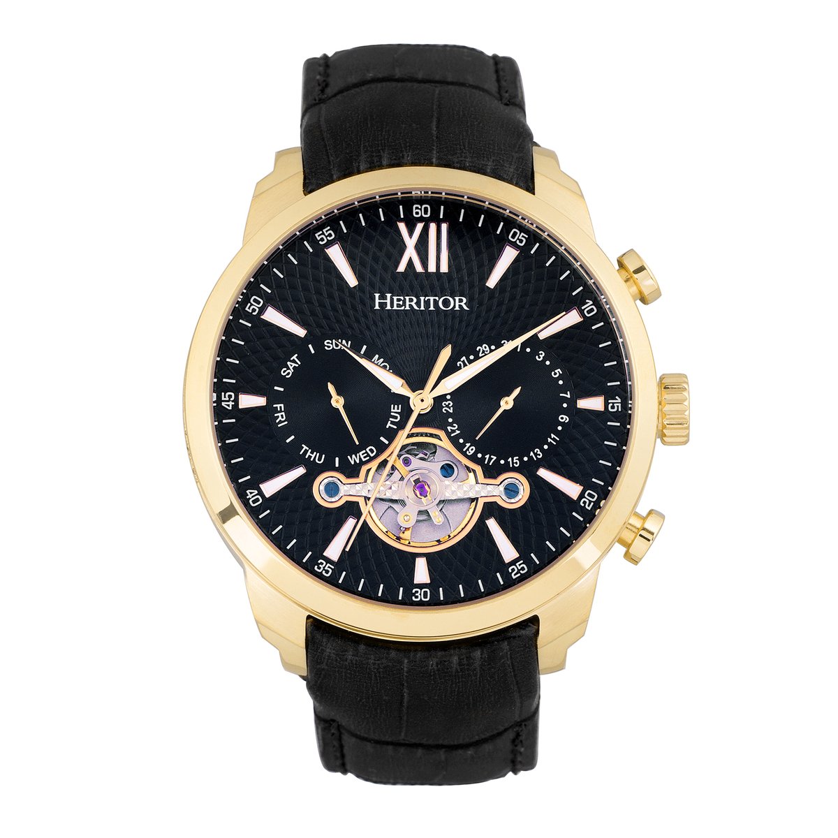 Heritor Automatic Arthur Semi-Skeleton leren band horloge met dag-datum - goud-zwart
