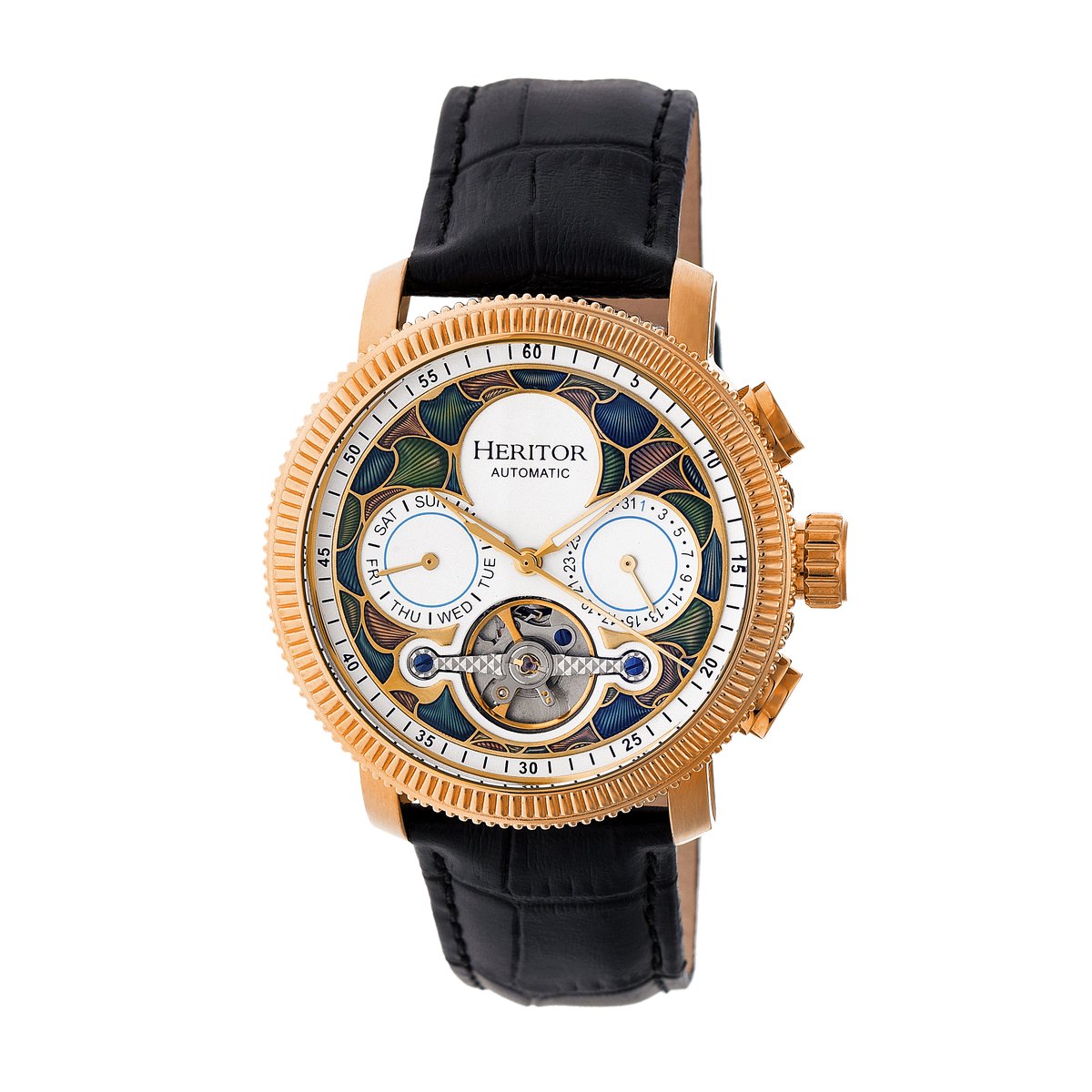 Heritor Automatic Aura Heren Semi-Skelet Lederen Band Horloge - Roségoud-Wit