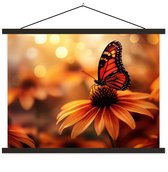 Posterhanger incl. Poster 60x45 cm - Schoolplaat - Vlinder - Bloemen - Oranje - Textielposter - Zwarte latten