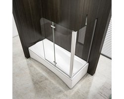 100x70x140cm Badscherm Badwanden Badwand 2 panelen vouwbaar met vast zijwand,6mm NANO helder ESG-veiligheidsglas,profiel van glanzend chroom