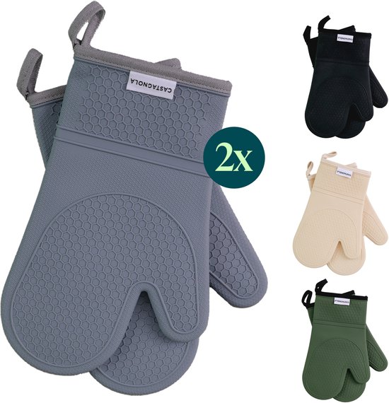 Deux gants de cuisine gris à motif nid d'abeille et étiquette "CASTAGNOLA". Également disponibles en noir, crème et vert. 2x gants de cuisine.