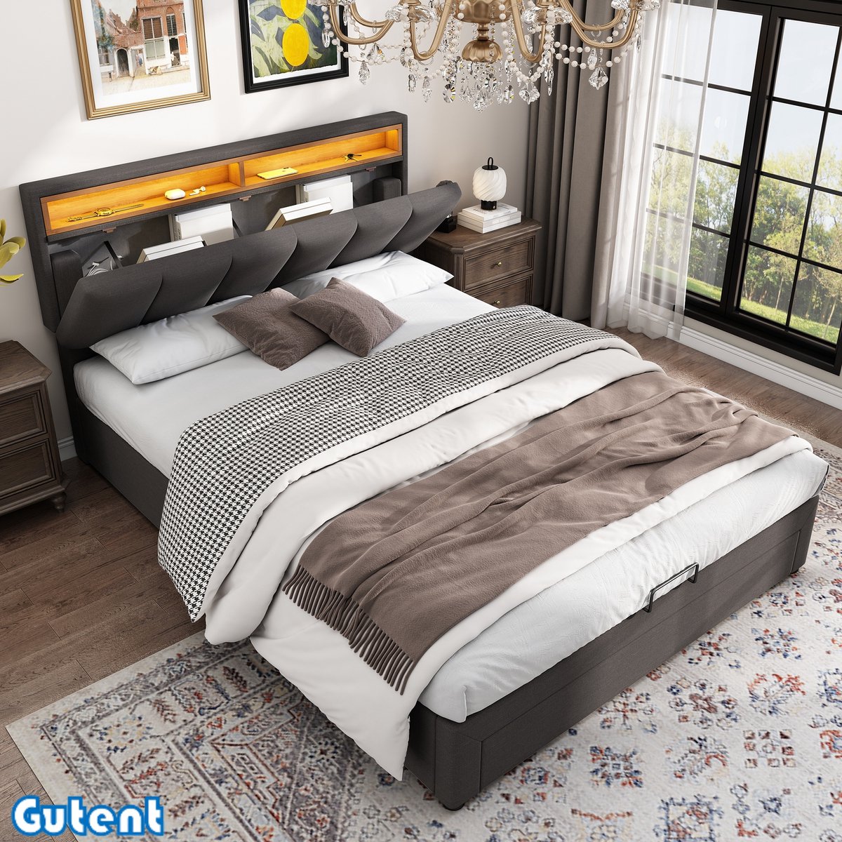 Gutent Gestoffeerd bed - Tweepersoonsbed - met LED-verlichting - Hydraulisch opbergbed - G
