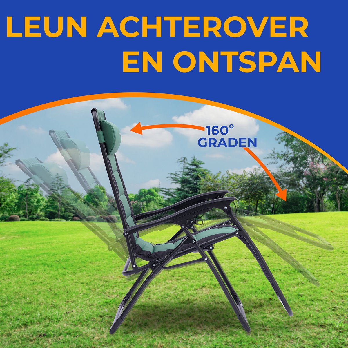 SereneLife Ligstoel – Verstelbare Tuinstoel met Kussen – Opvouwbare Relaxstoel - Stalen Frame met Textilene - Groen thumbnail 8