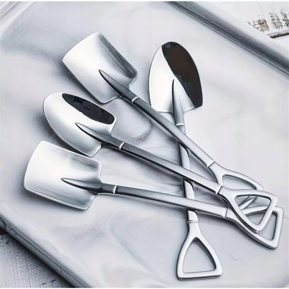 Azaris - Decoratieve Theelepels - Set van 8 - Schep en Spade Vorm - Roestvrij Staal - Zilverkleurig