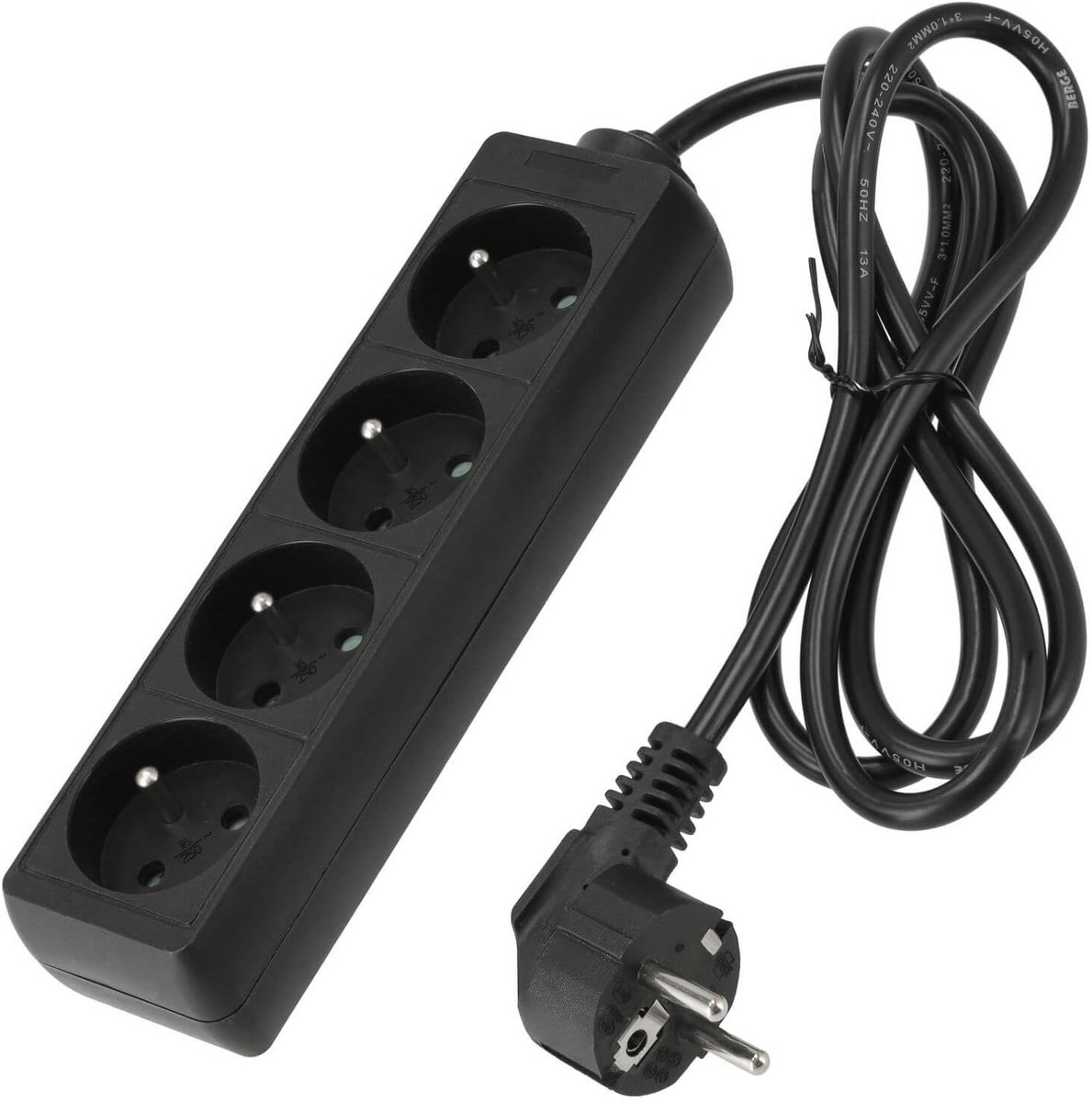 Verlengkabel 1,5m met 4x 230V Stopcontacten - Platte Stekker - IP20 Bescherming - Zwart