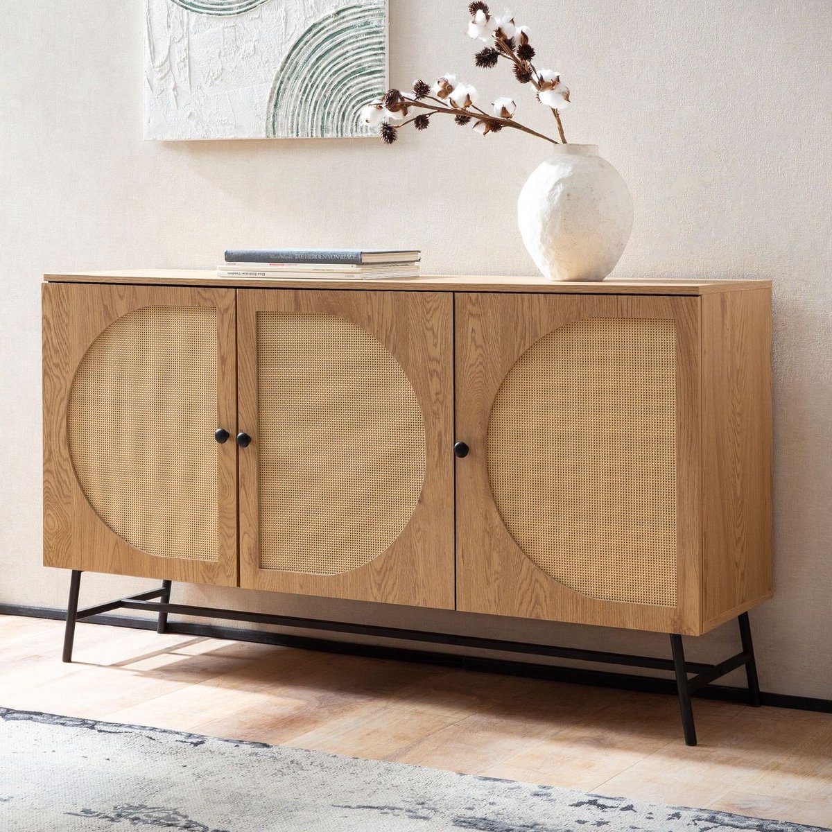 Dressoir 140x80x39 cm ladekast eiken decor met rotanweefsel moderne, hoge ladekast, staande kast met 3 deuren, dressoir woonkamer