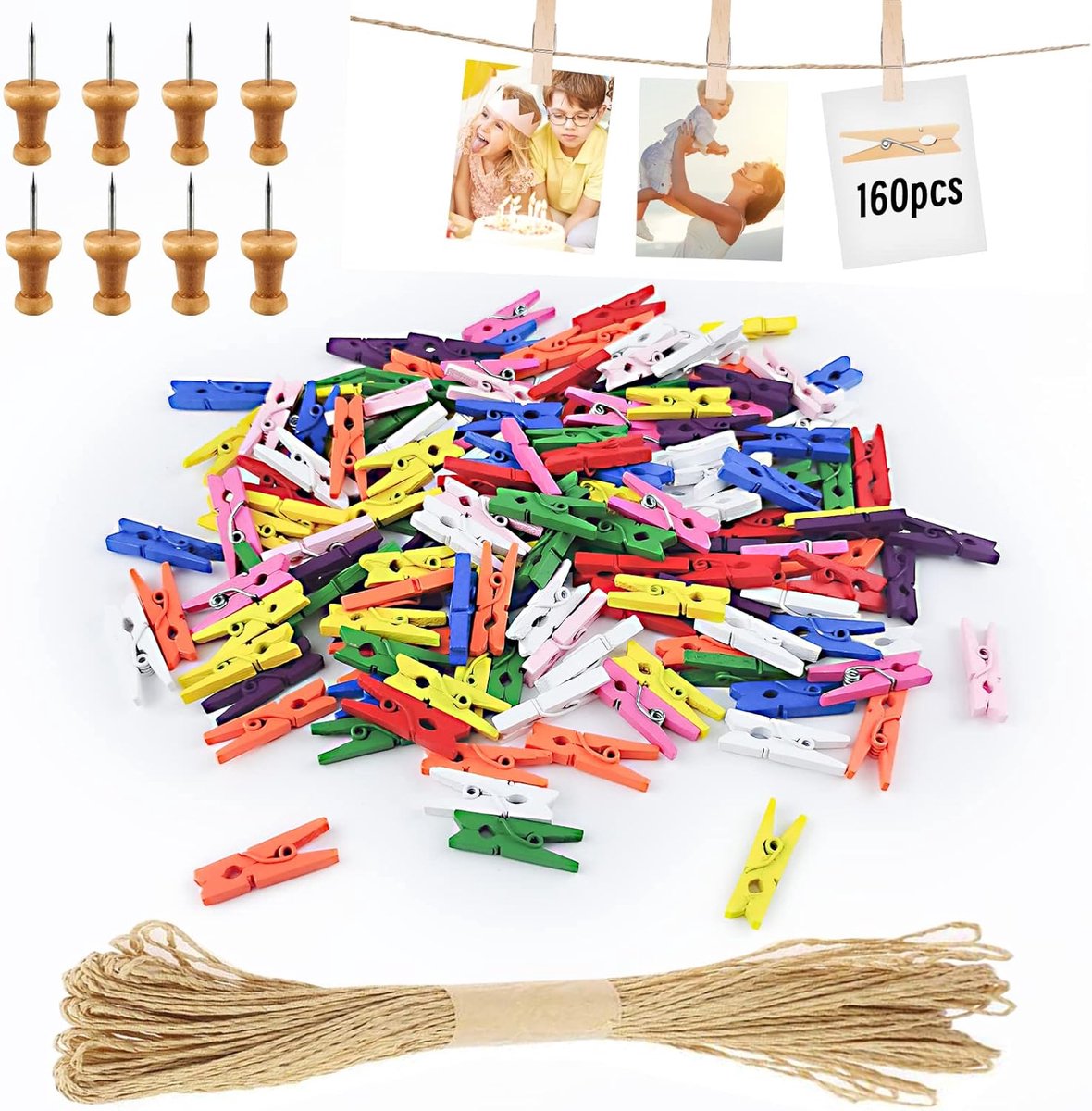 Allecto plus - Mini-houten knijpers (168 stuks) voor bruiloft en fotowand met jute koord - DIY display feest (Kleur)