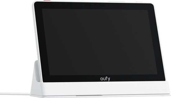 Wit Eufy E10 smart display op een witte standaard.
