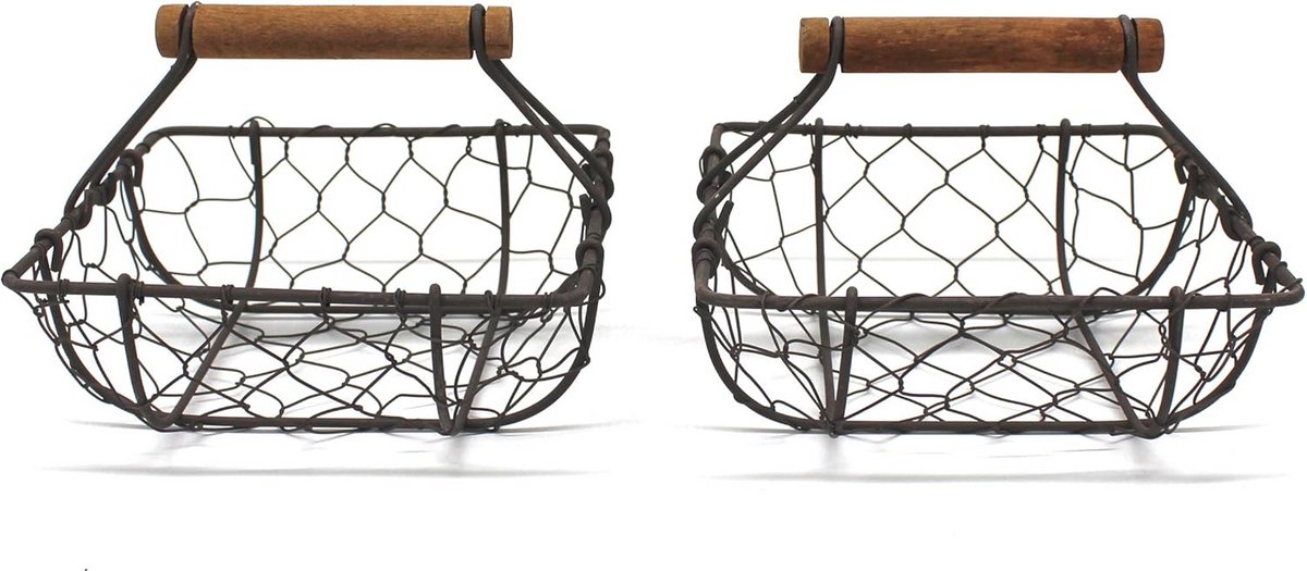 Set van 2 Vintage Kippengaas Eiermanden met Houten Handvat - Roestbruin Opbergmanden