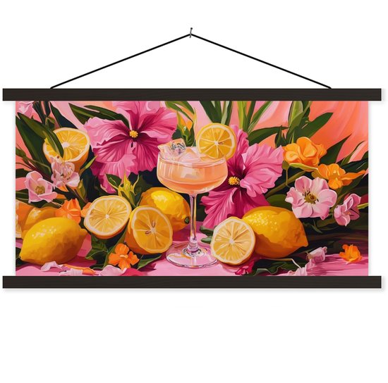 Posterhanger incl. Poster 60x30 cm - Schoolplaat - Drink - Bloemen - Yellow - Textielposter - Zwarte latten