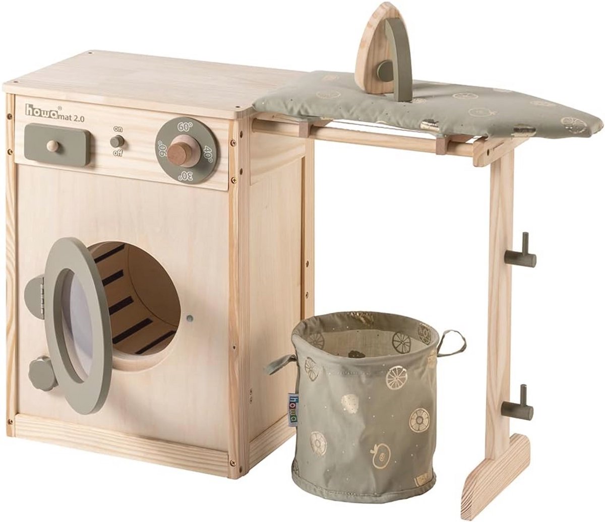 Houten Kinderwasmachine met Accessoires - Waslijn, Strijkplank en Strijkijzer