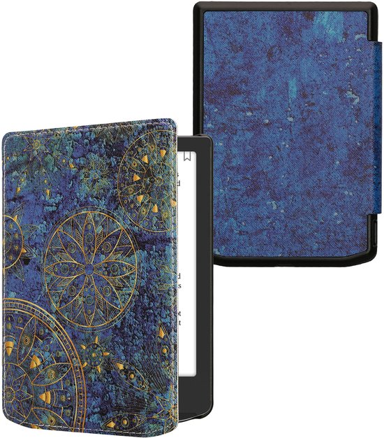 kwmobile e-reader hoesje geschikt voor Pocketbook Verse / Verse Lite / Verse Pro / Color / Vivlio Light/Light HD hoes - E reader flip case met magnetische sluiting - Ereader cover - Mandala design in geel / donkerblauw
