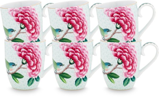 Tasses Pip Studio Blushing Birds - Tasse à thé - Tasse à café avec oreille - Service de Services de table de 6 - 450 ml