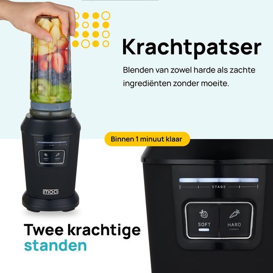 MOA Mini Blender - Blender to Go - Smoothie Maker - 2 To-Go Bekers 600 ml - 800W - Zwart van MOA — afbeelding 4