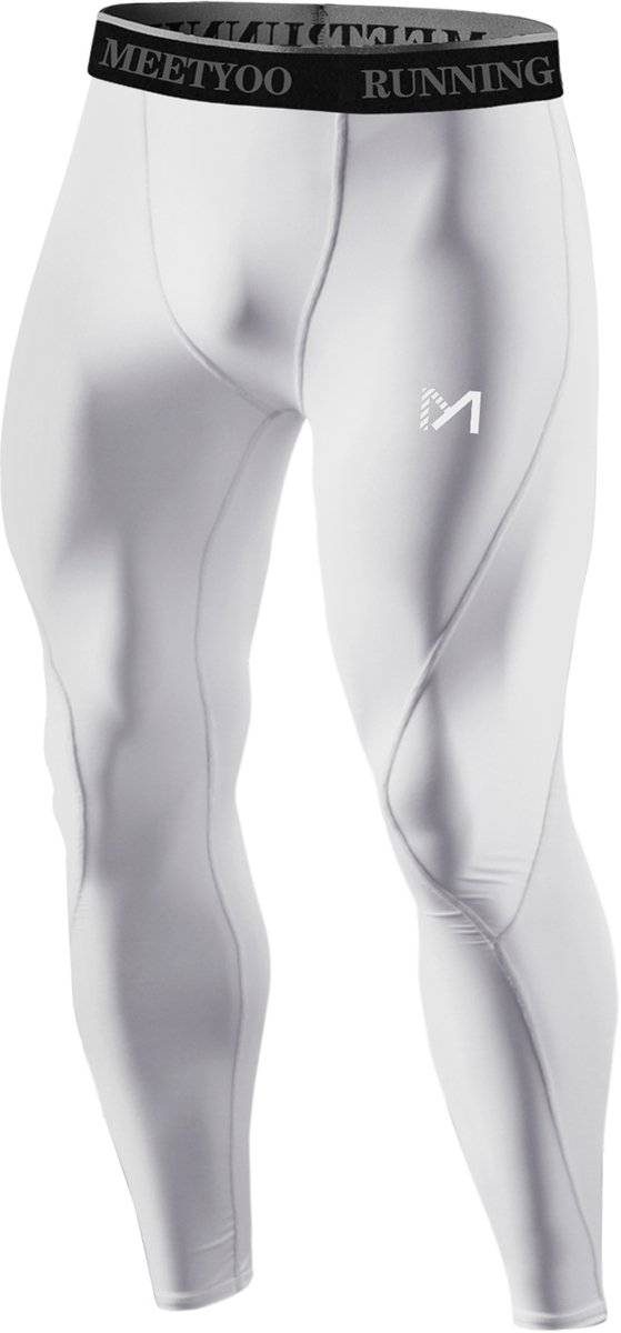 MEETYOO Leggings Heren Sportlegging Compressiebroeken Heren Hardloopleggings Leggings Atletische workout Gymbroeken Basketbal-Wit-S