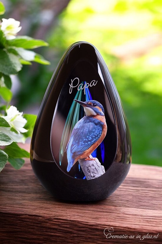 Urn-Glas-Crematie-as-mens-inhoud60ml-Diamond-Blauw-Vogeltje-Ijsvogel-naam-Design-Urn