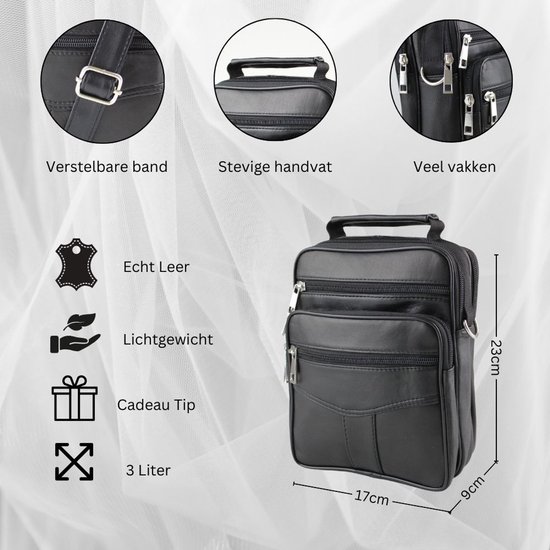 Zwarte leren tas, 23x17x9cm, met verstelbare band, stevig handvat, veel vakken en 3 liter inhoud.